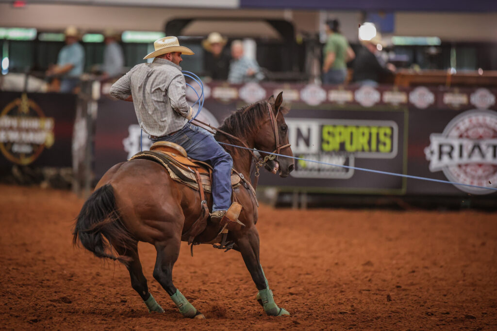Cowboy on horseback holding a lasso at a rodeo arena with sponsors visible in the background