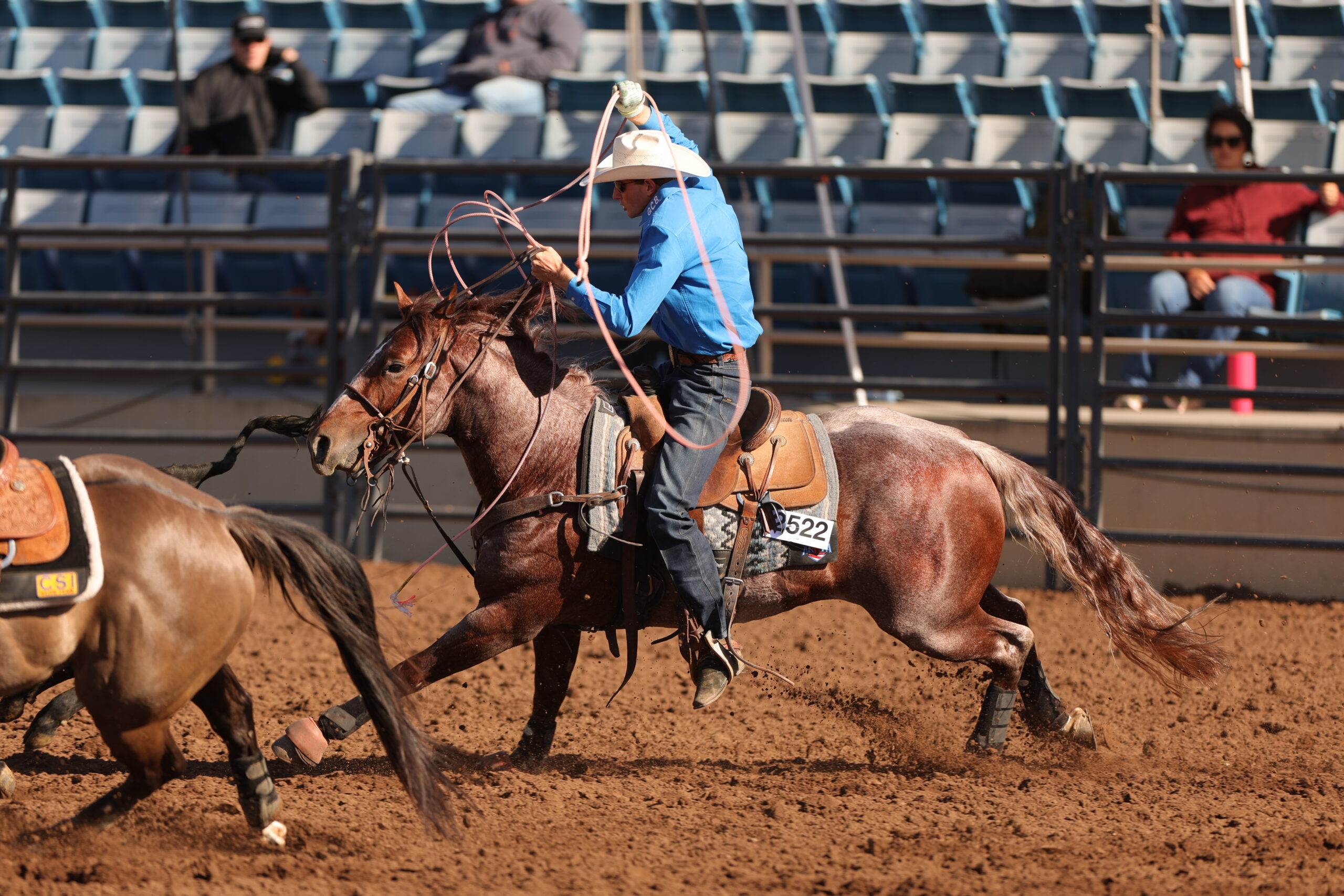 Roper on horseback swings lasso while riding brown horse in dirt arena with metal bleachers in background
