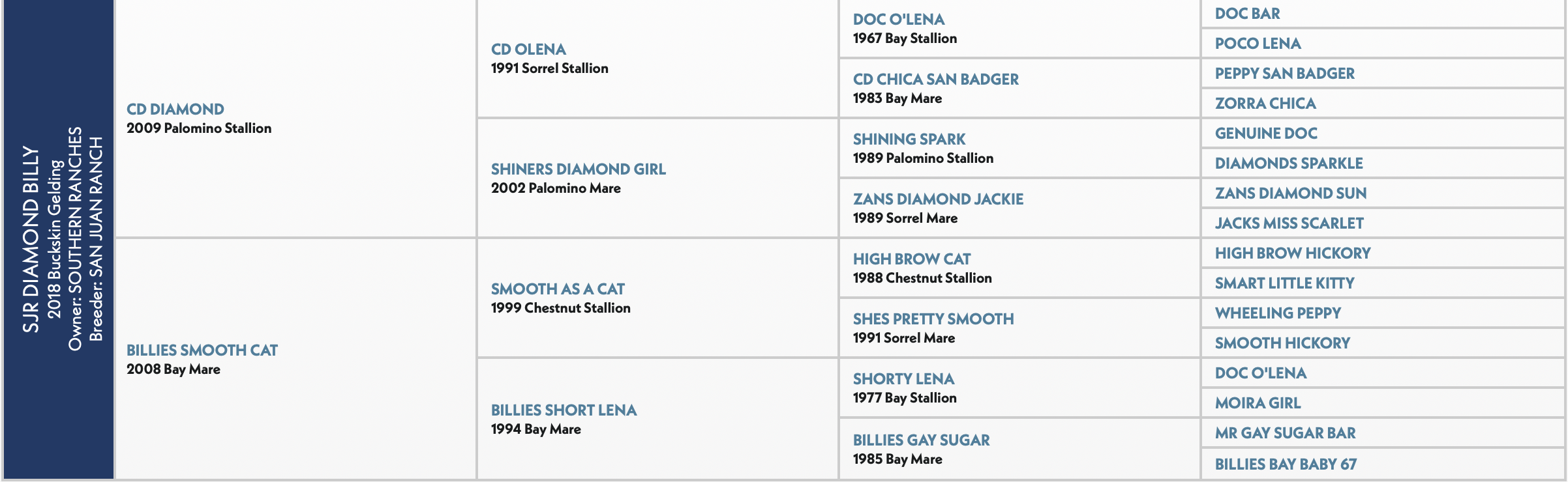 Sir Diamond Billy pedigree chart showing bloodline from 2009 Palomino stallion through multiple generations of horses with names and birth years