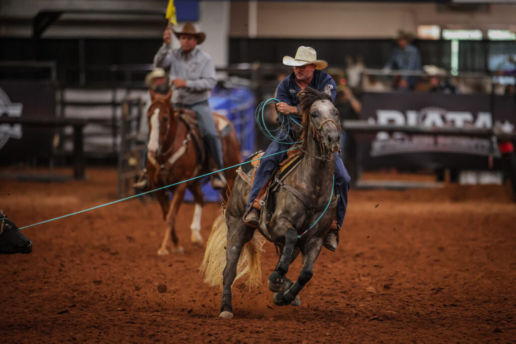 Roper on gray horse in blue shirt galloping across arena dirt while swinging lasso during rodeo competition