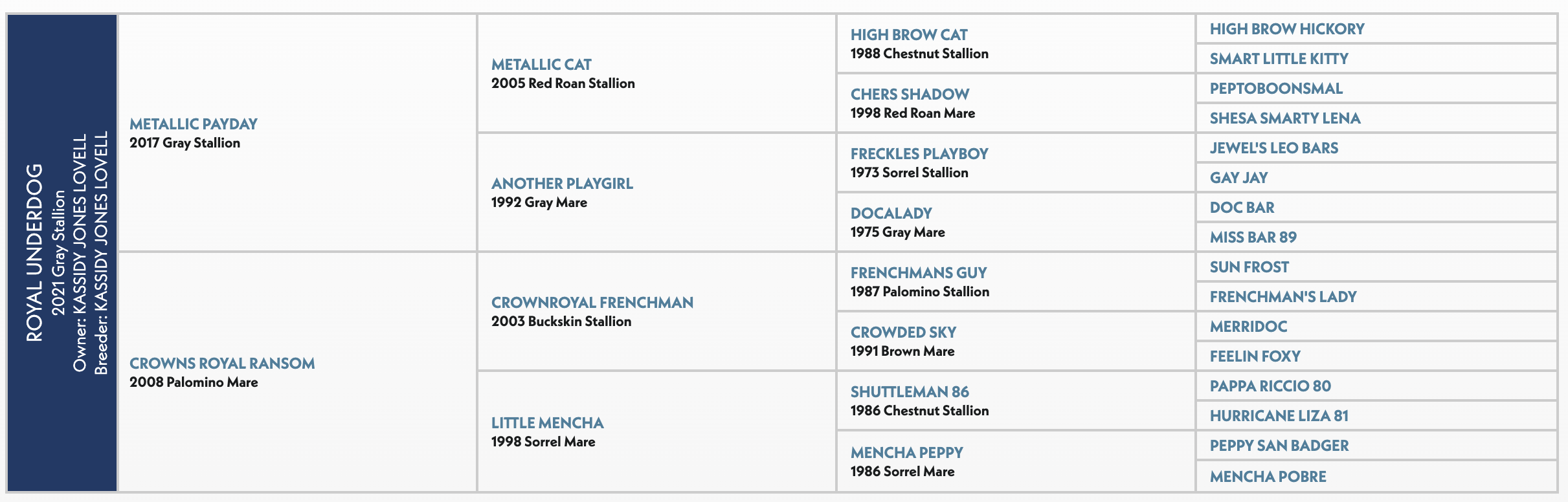 Royalunderdogs 2021 stallion and mare pedigree chart listing ancestors including Metallic Payday, Crowns Royal Ransom, and their bloodline descendants