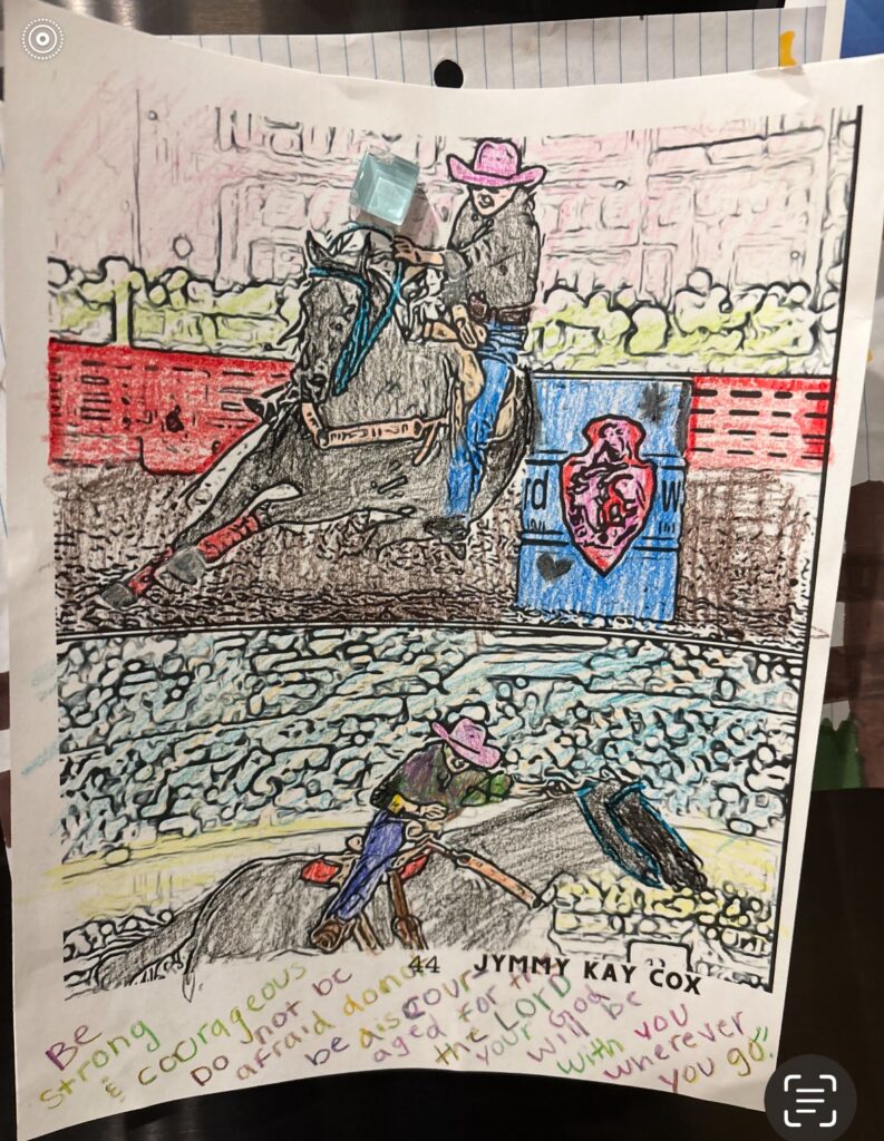 Child's drawing of a cowboy on a bucking horse in a rodeo arena with spectators and fencing, signed "Jimmy Kay Co"