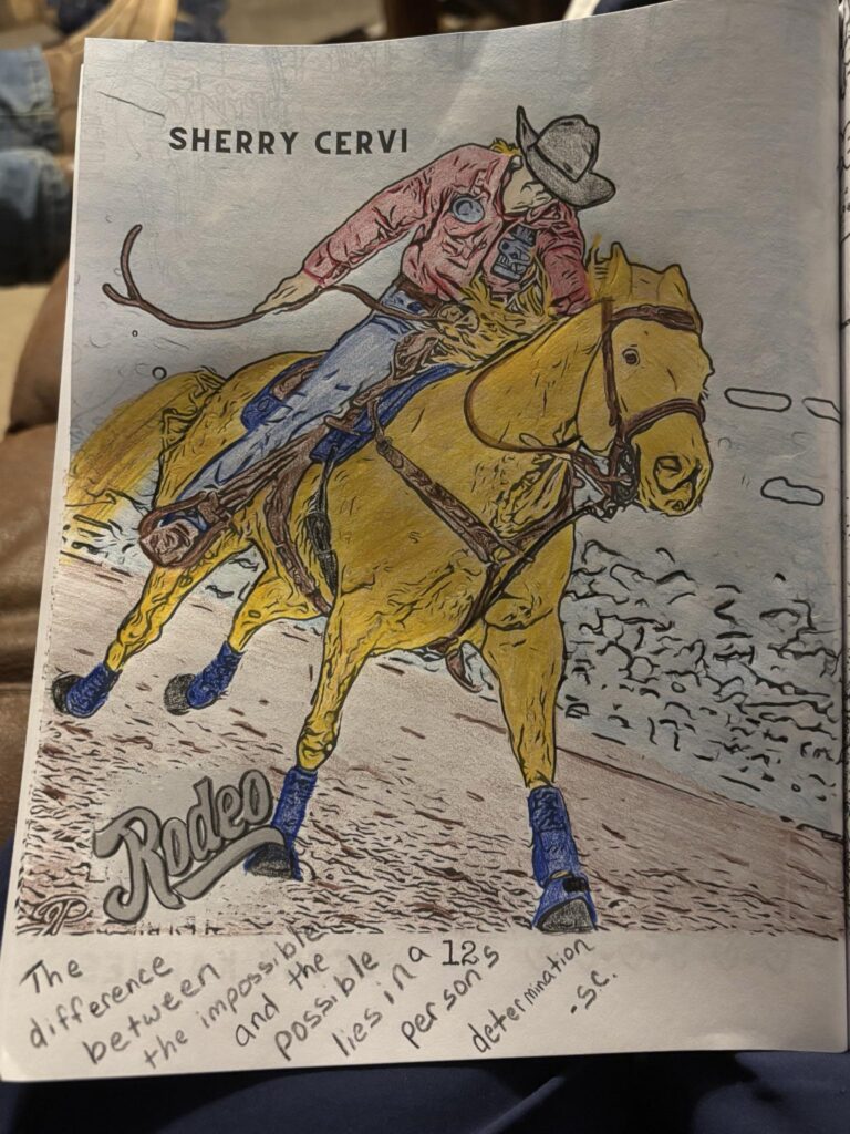 Hand-drawn illustration of a cowboy on a bucking yellow horse labeled "Sherry Cervi" with "Rodeo" text and handwritten notes below