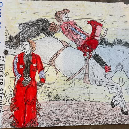 Illustrated artwork depicting a cowgirl in red clothing standing beside a horse performing a dramatic rear or trick move