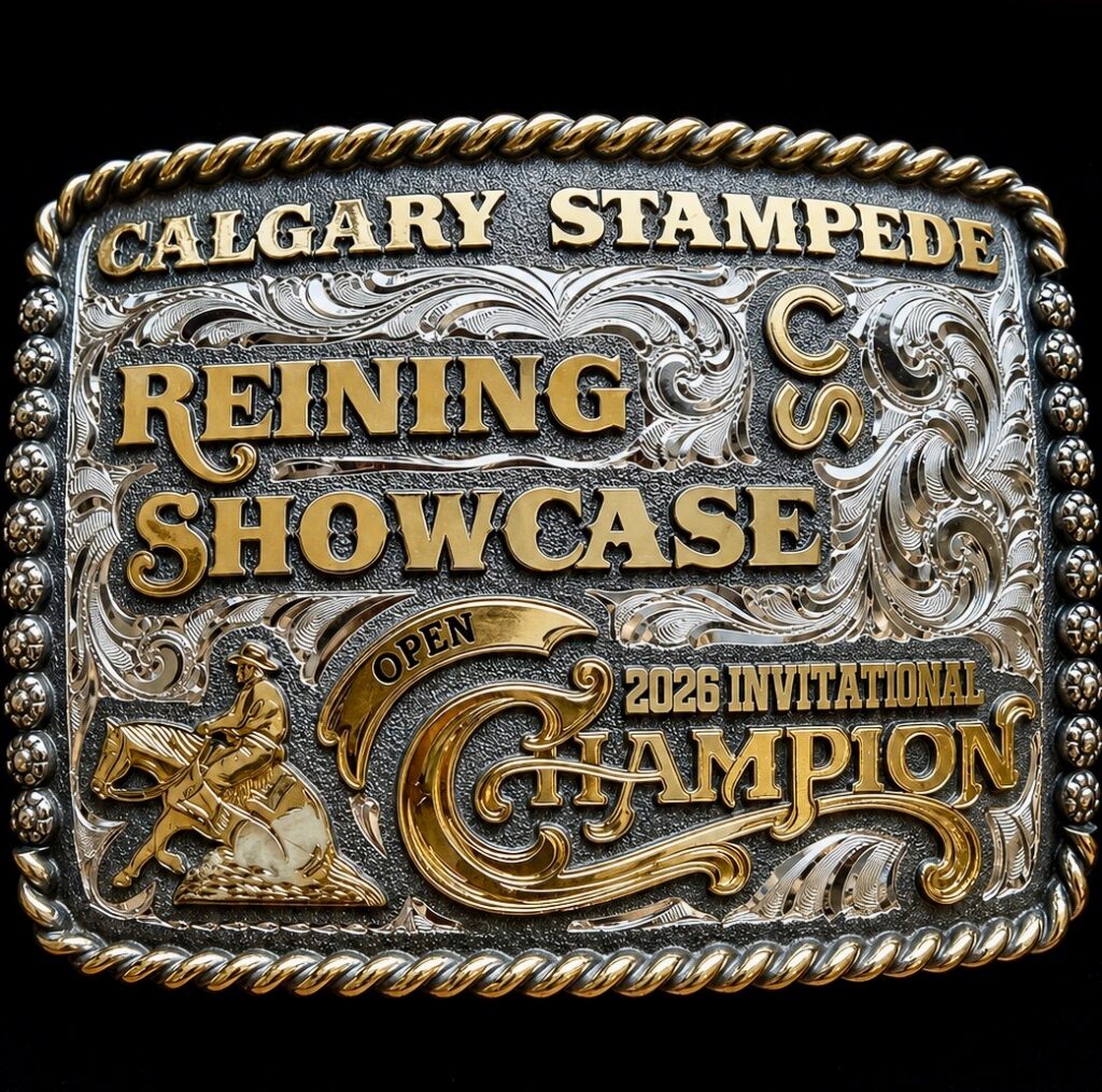 Ornate silver and gold trophy buckle engraved "Calgary Stampede Reining Showcase Open 2026 Invitational Champion" with sliding-stop rider