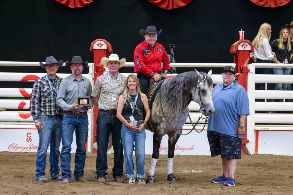 Award presentation at the Calgary Stampede as a mounted rider in red sits atop a dappled grey horse beside five people holding a trophy buckle