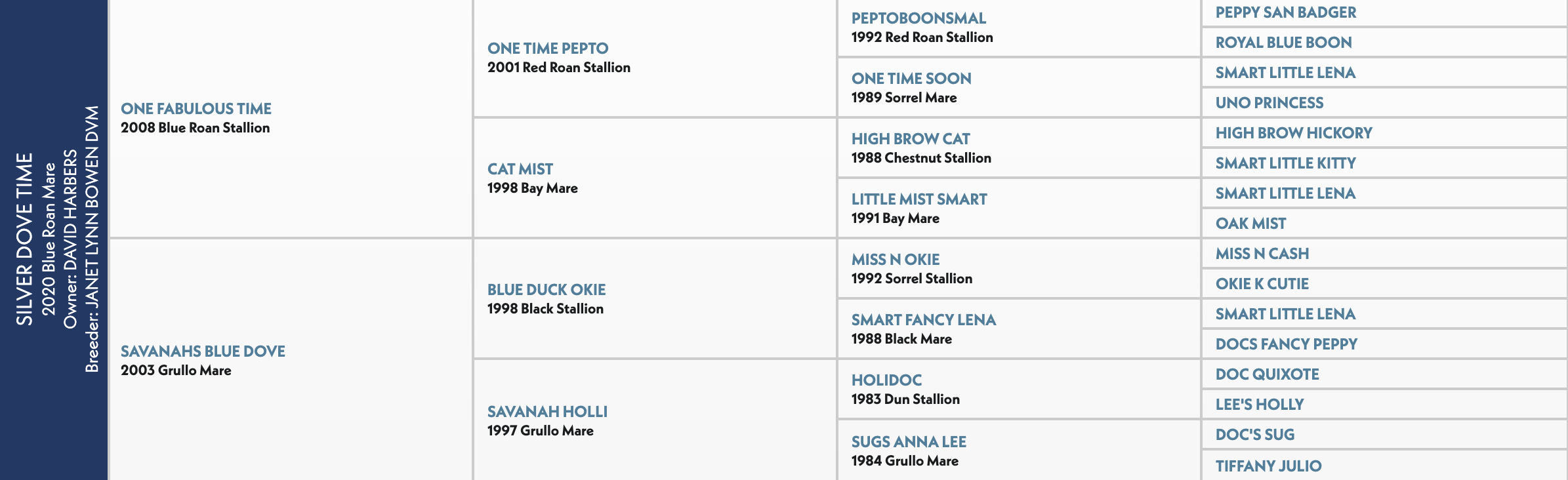 Five-generation pedigree chart for Silver Dove Time, a 2020 blue roan mare by One Fabulous Time out of Savanahs Blue Dove