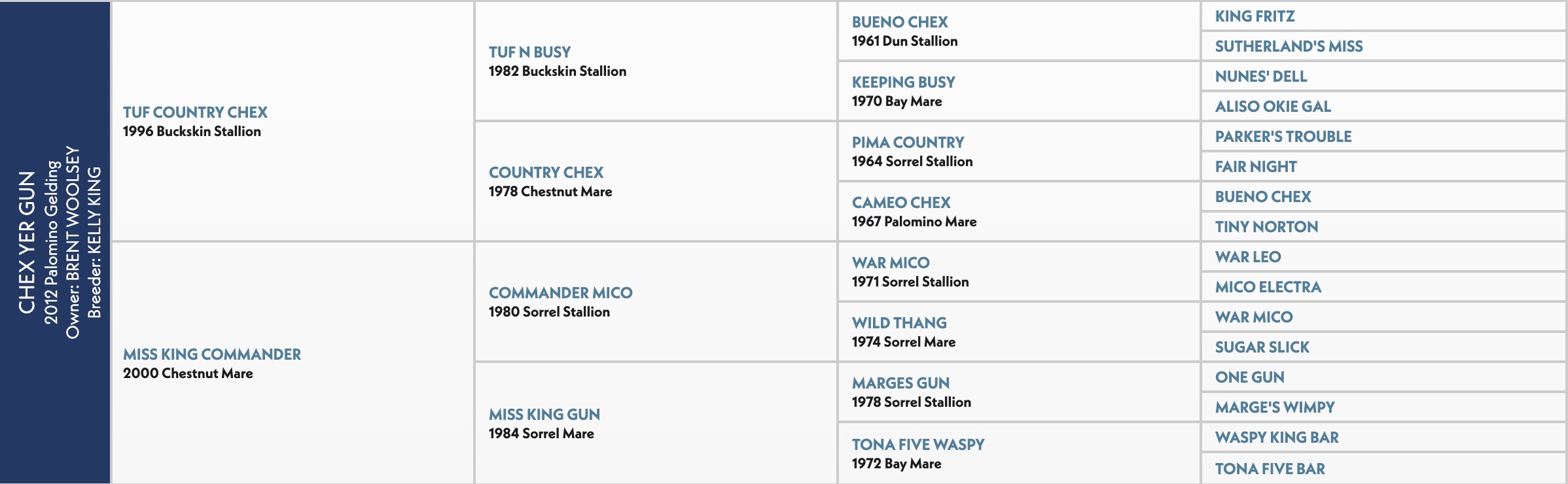 Chex'ergin 2012 Pedigree chart showing bloodline records for buckskin and sorrel stallions and mares with birth years ranging from 1961 to 2000