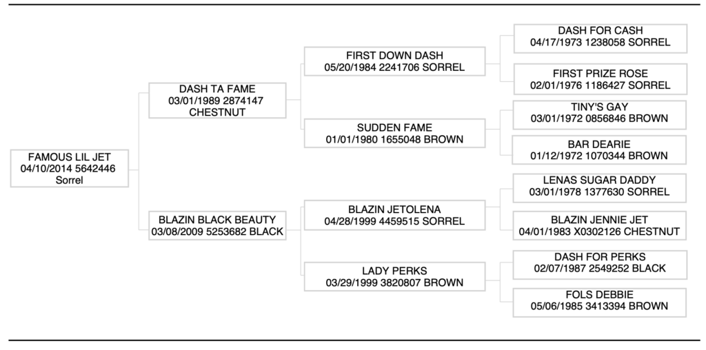 Three-generation pedigree chart for the 2014 sorrel horse Famous Lil Jet, tracing sires and dams back to Dash For Cash