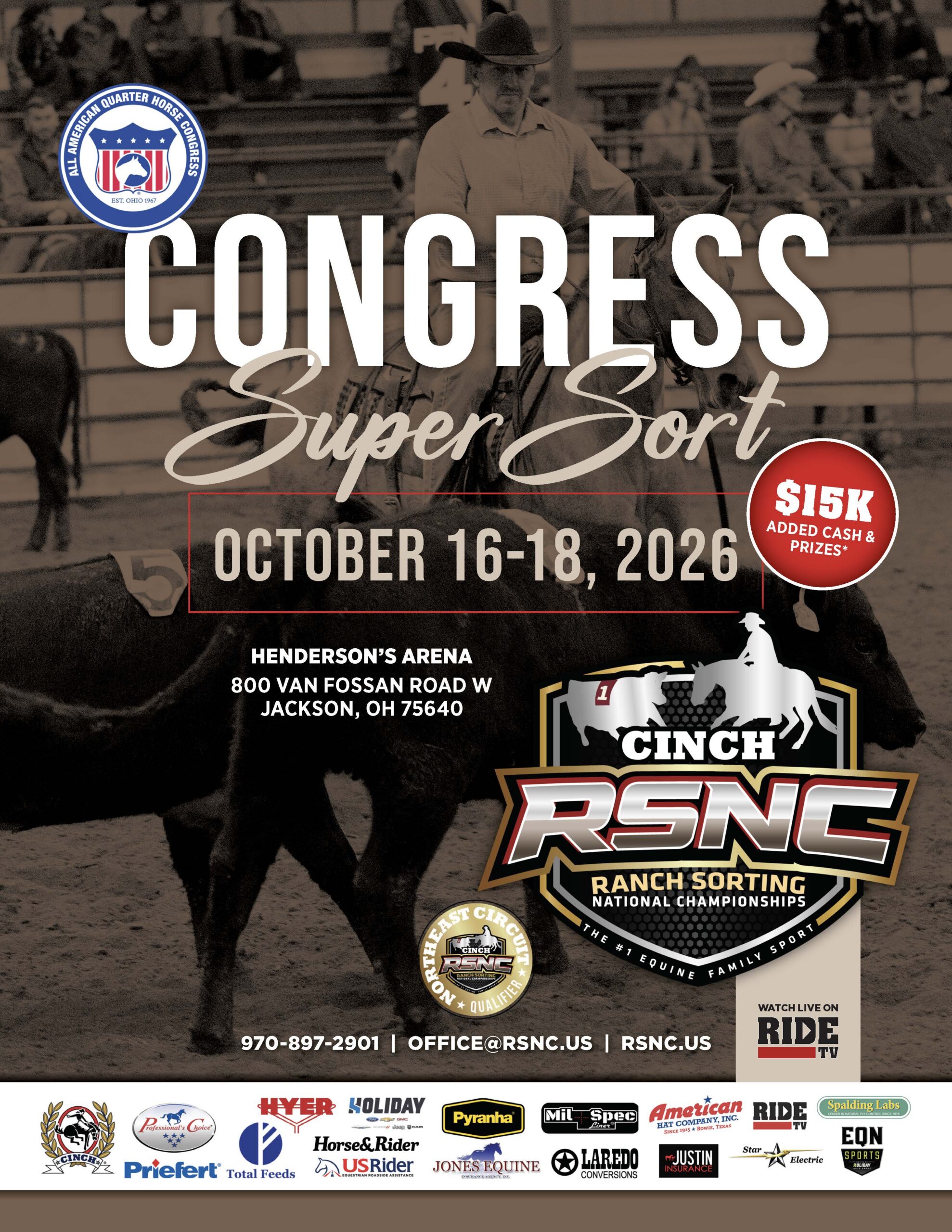 Congress Super Sort promotional flyer for CINCH RSNC Ranch Sorting National Championships, October 16-18, 2026 in Jackson, Ohio