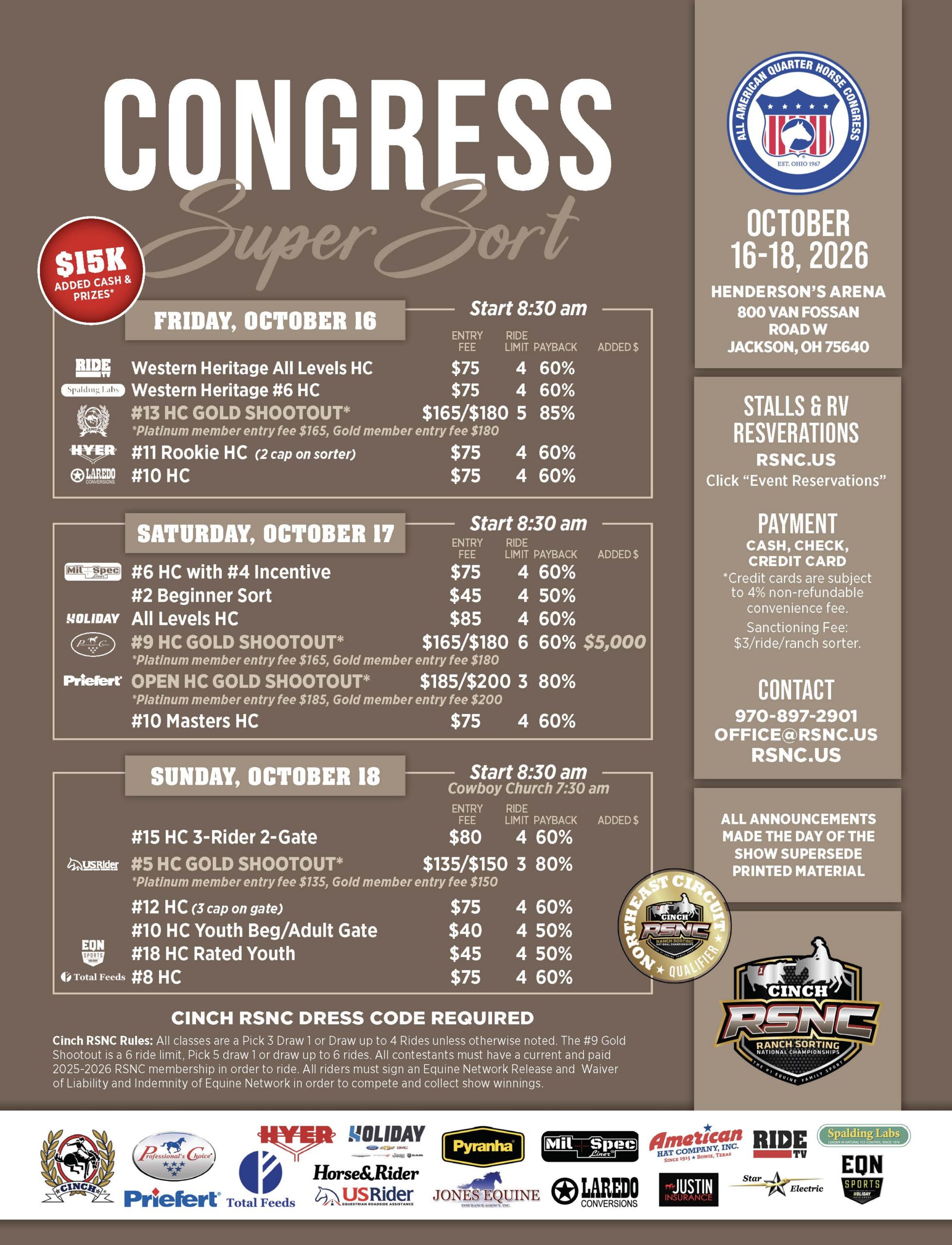 Congress Super Sort rodeo event flyer with schedule, entry fees, and event details for October 16-18 at Henderson's Arena in Jackson, Oklahoma