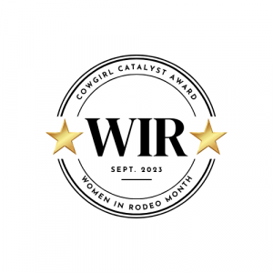 Cowgirl Catalyst Award badge logo with "WIR" initials, gold stars and "Women in Rodeo Month, Sept. 2023" text