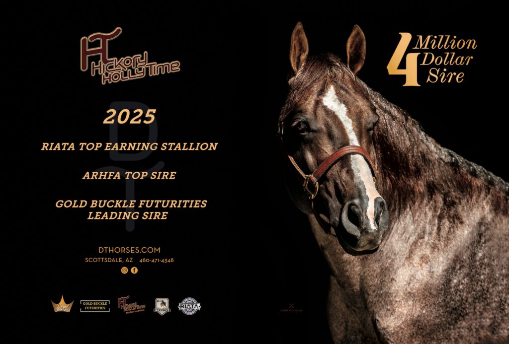 Hickory Hollowtime stallion advertisement featuring a brown horse with white blaze wearing a halter, promoting 2025 RIATA Top Earning Stallion and ARHFA Top Sire titles