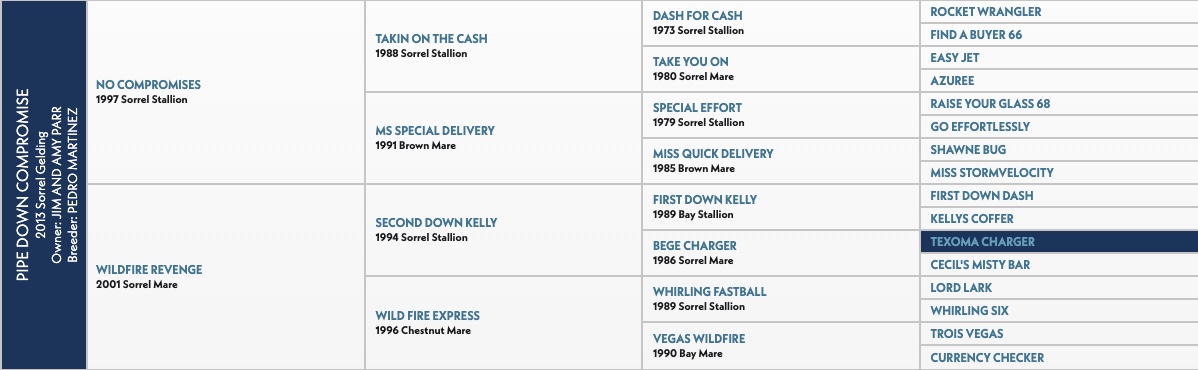 Five-generation pedigree chart for Pipe Down Compromise, a 2013 sorrel gelding, tracing back through No Compromises and Wildfire Revenge