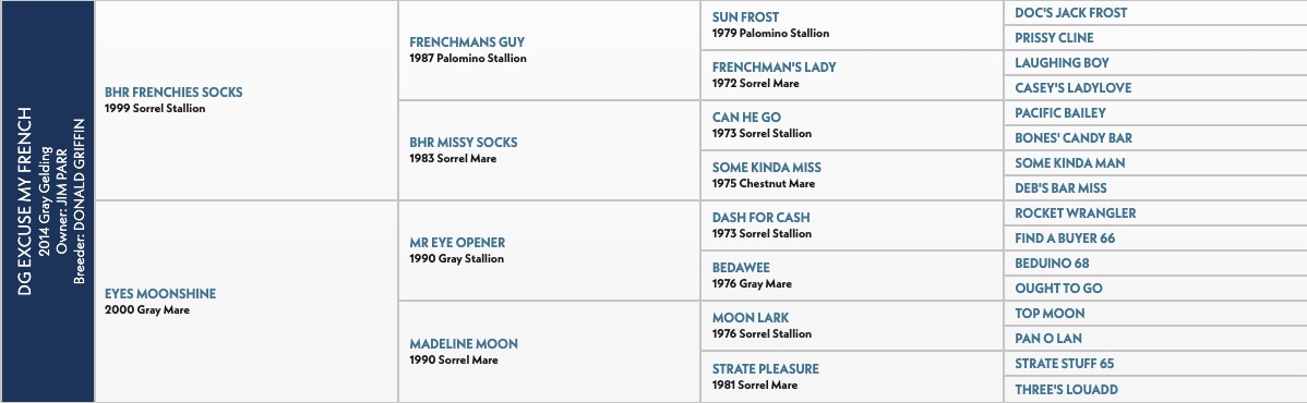 Five-generation pedigree chart for DG Excuse My French, a 2014 gray gelding, tracing back through Frenchmans Guy and Dash For Cash