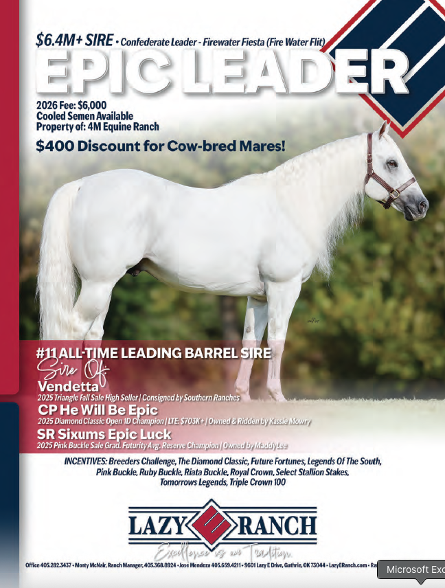 White stallion standing in profile with barrel racing pedigree information and 2026 breeding fee details for Lazy K Ranch