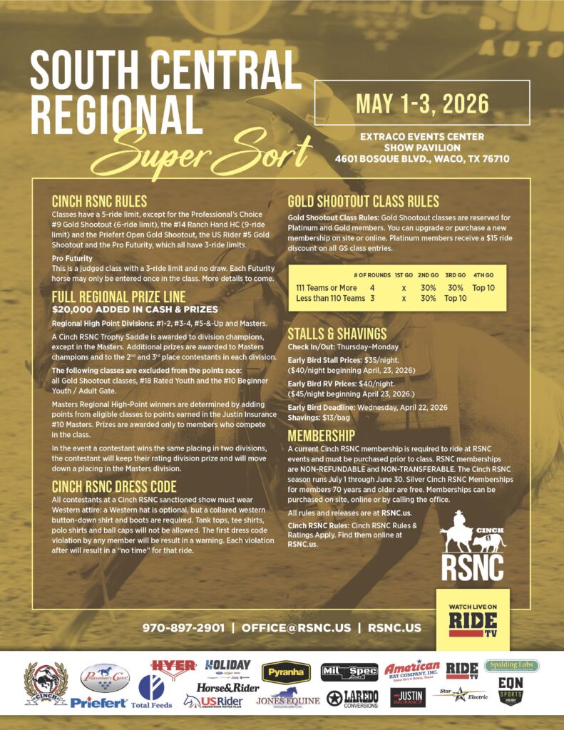 Event flyer for the South Central Regional Super Sort ranch sorting show in Waco, Texas, listing Cinch RSNC rules, prizes and stall info