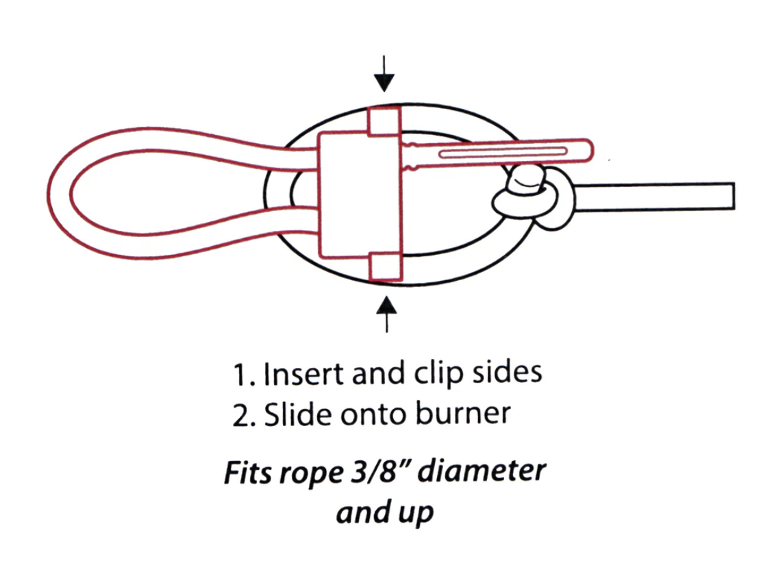Diagram showing a two-piece clip being pressed onto a roping rope's honda and burner, with instructions for 3/8-inch rope
