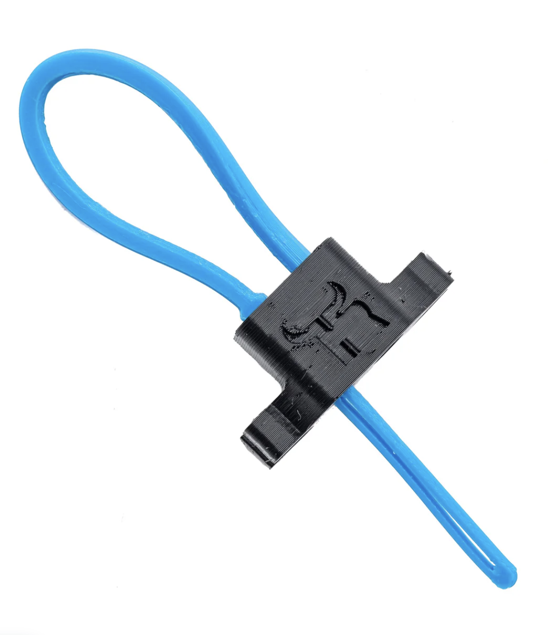 Blue breakaway rope loop threaded through a black plastic clip against a white background