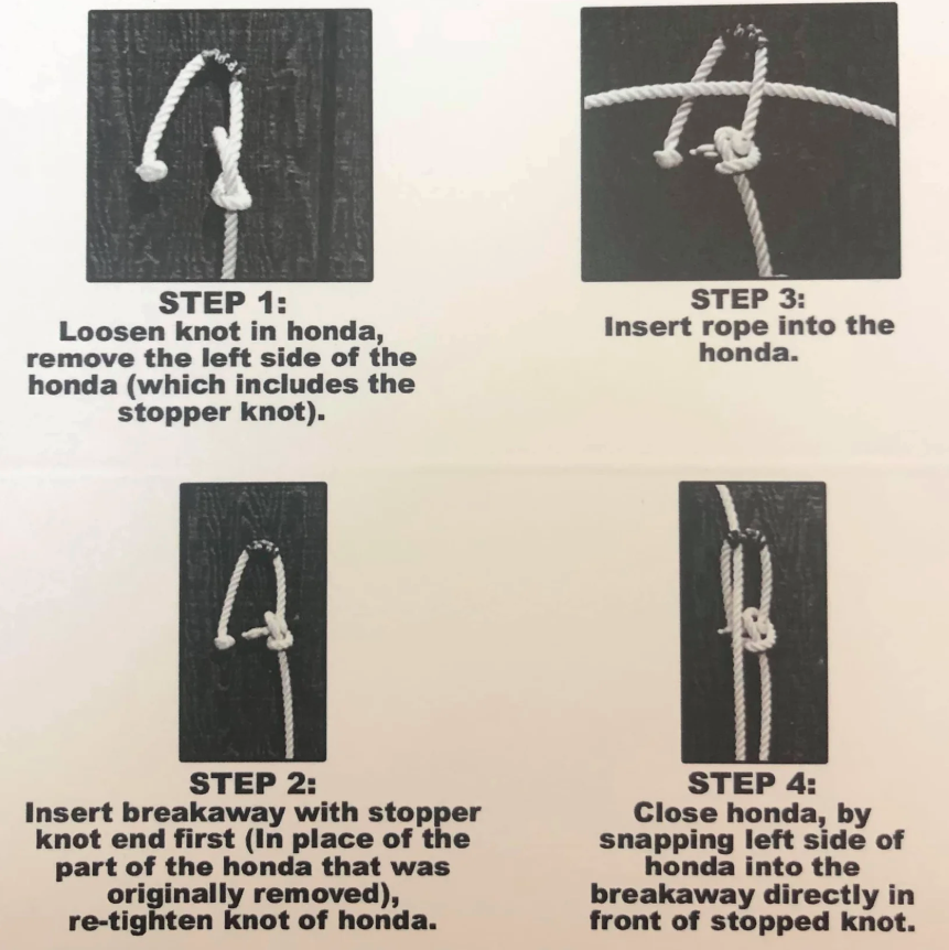 Four-step photo diagram on dark wood showing how to attach a breakaway rope string into a lariat honda with a stopper knot