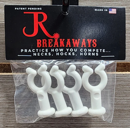 Four white plastic JR Breakaways roping practice hondas sealed in a retail package with black header card