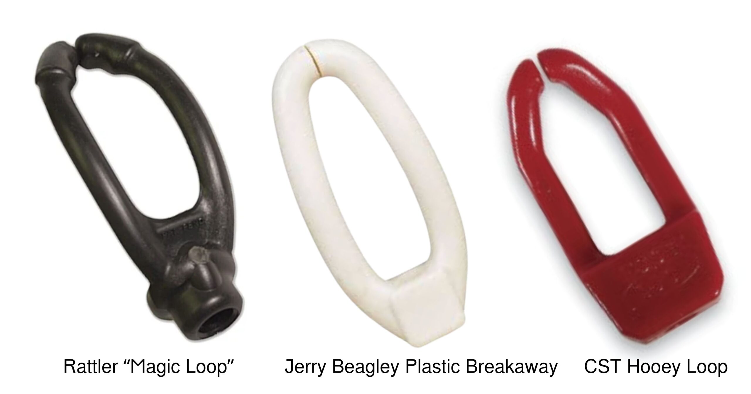 Three labeled breakaway roping honda loops side by side: black Rattler "Magic Loop," white Jerry Beagley plastic breakaway and red CST Hooey Loop