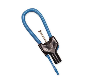 Blue looped cable lock with black housing and inserted key, shown against a plain white background