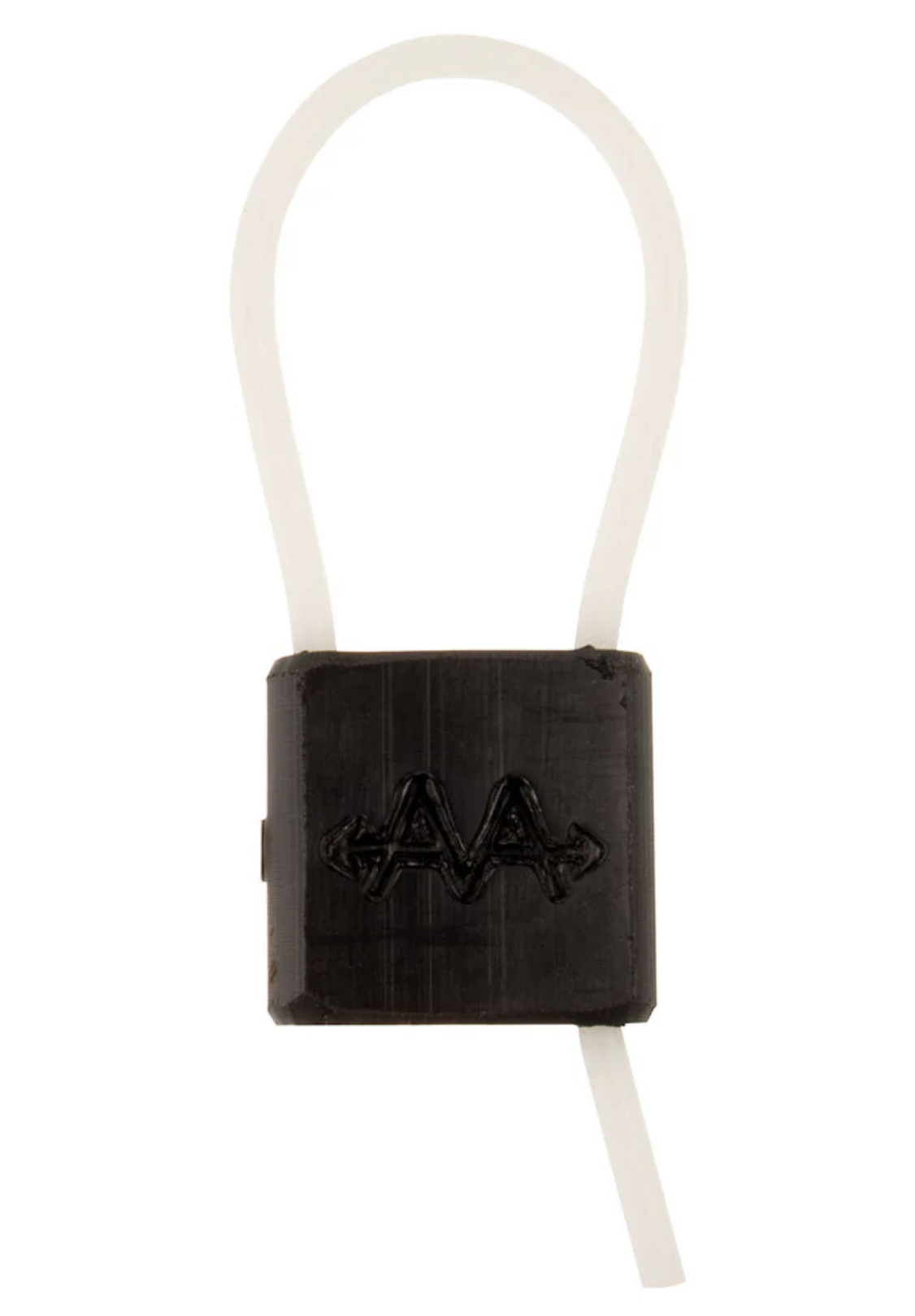 Black square rubber breakaway roping honda with embossed logo, threaded onto a white nylon rope loop