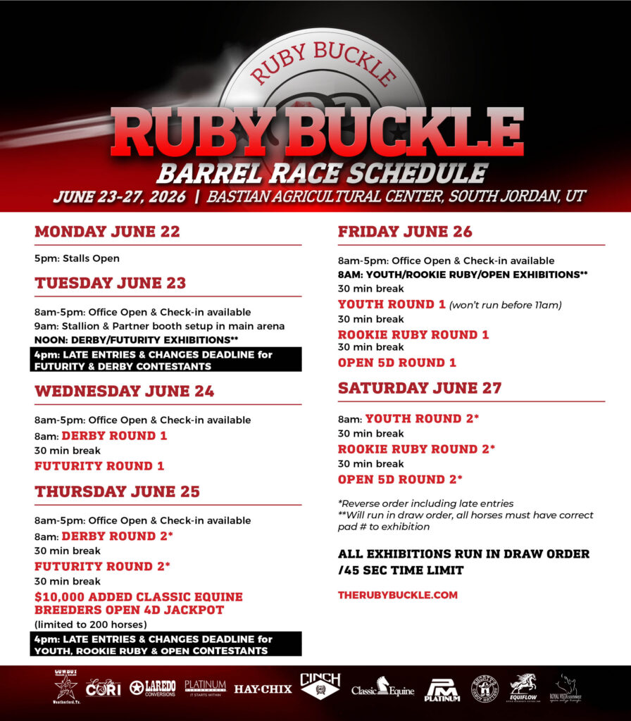 Ruby Buckle Barrel Race schedule graphic listing daily event times for June 22-27, 2026 at Bastian Agricultural Center in South Jordan, Utah