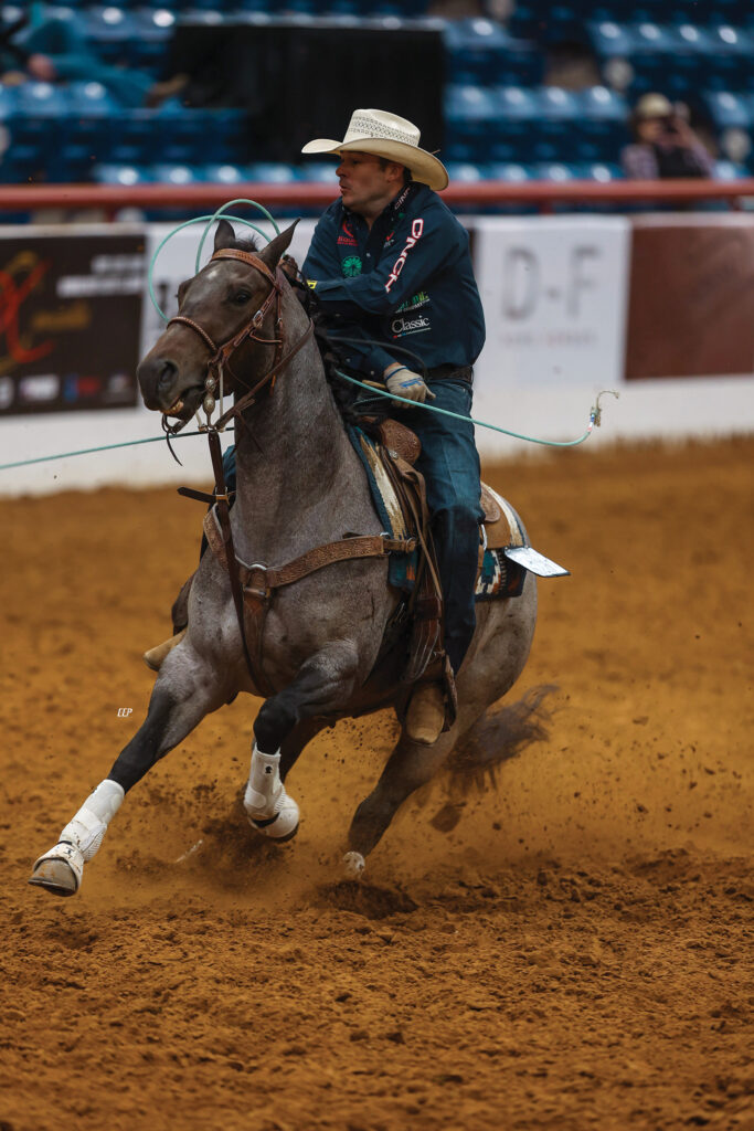 Roper in a straw cowboy hat and teal shirt swings his loop aboard a galloping blue roan through the arena dirt