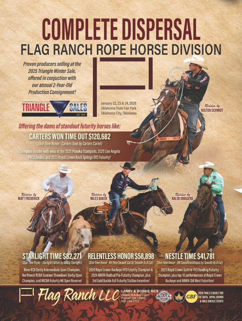 Flag Ranch LLC sale ad featuring four riders roping and working cattle on horseback with earnings listed for each horse