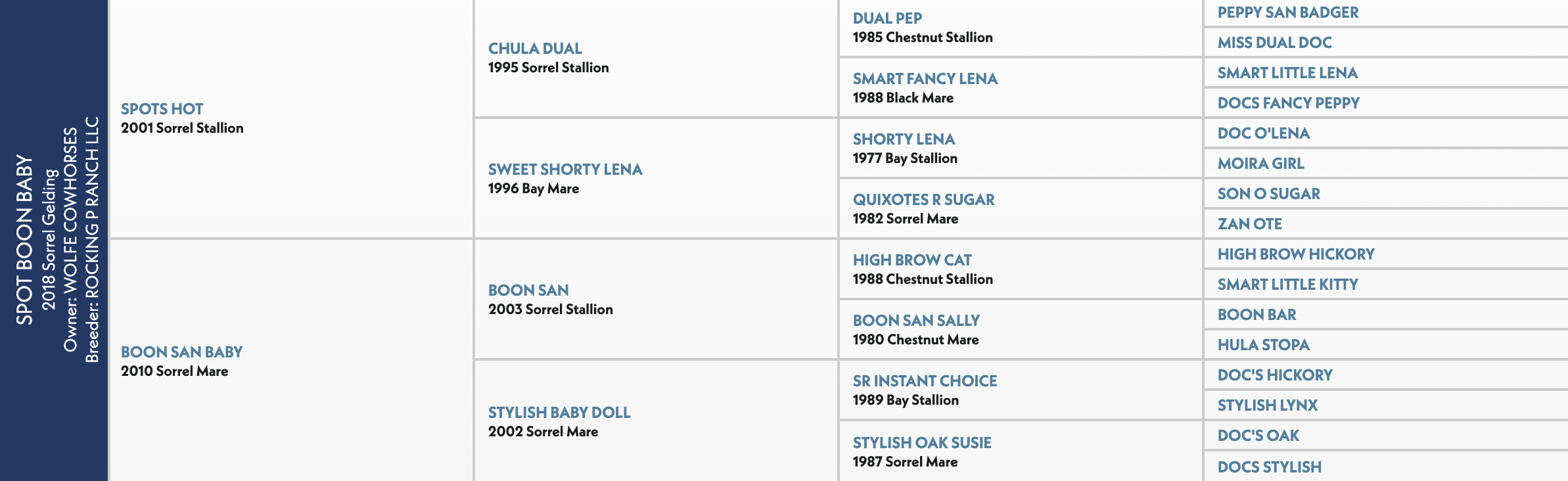 Five-generation pedigree chart for Spot Boon Baby, a 2018 sorrel gelding, listing sires and dams by name, year and color