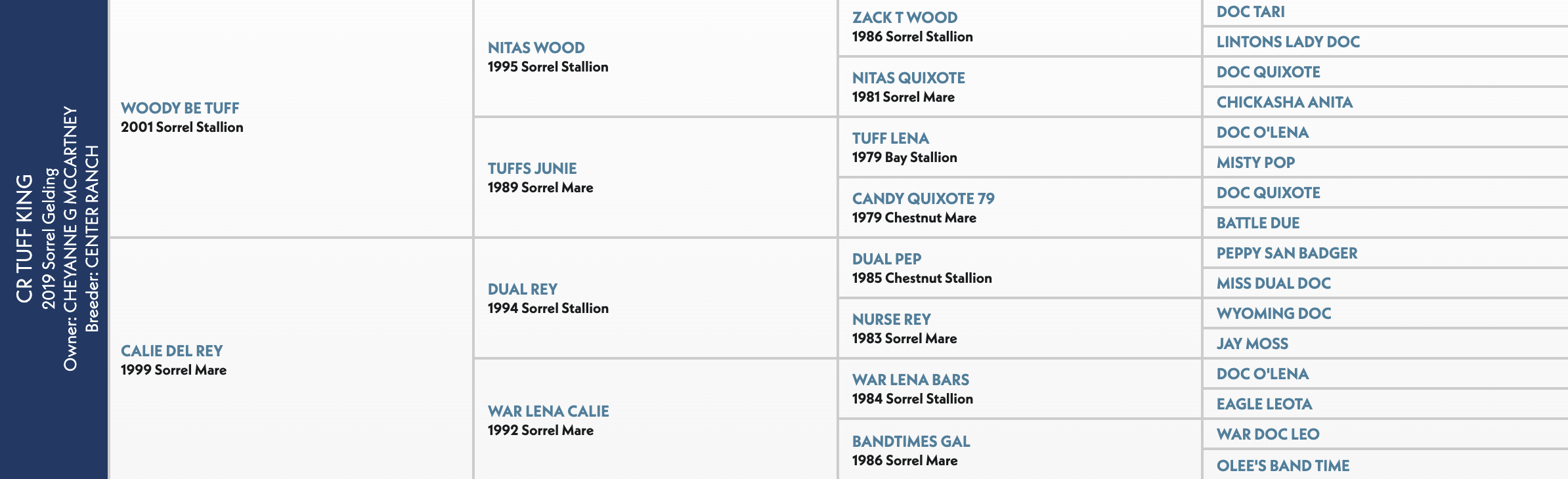 Five-generation pedigree chart for CR Tuff King, a 2019 sorrel gelding by Woody Be Tuff out of Calie Del Rey