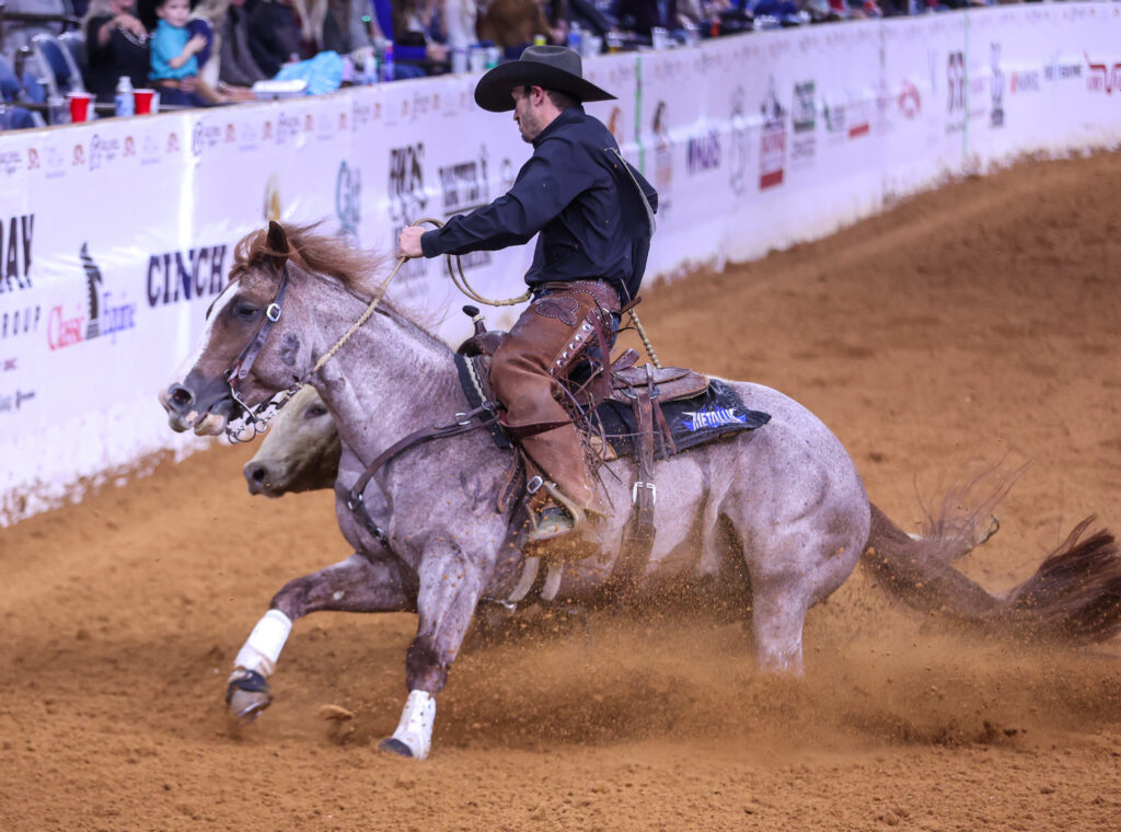 Cowboy in black shirt and chaps slides his roan horse to a stop in the arena dirt, rope coils in hand