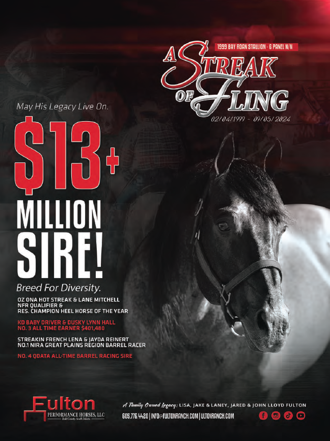 Stallion advertisement for Streak of Fling featuring a black and white horse portrait, announcing $13+ million in progeny earnings and listing achievements in barrel racing and other disciplines