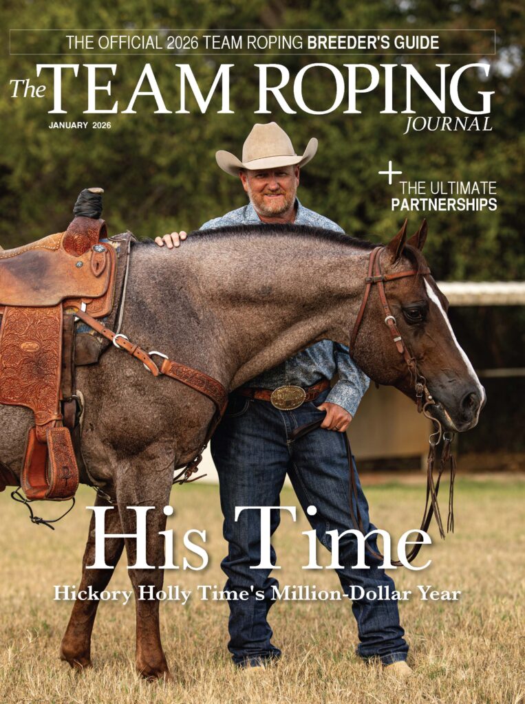 January 2026 Team Roping Journal cover showing a cowboy in a straw hat standing beside a saddled roan horse