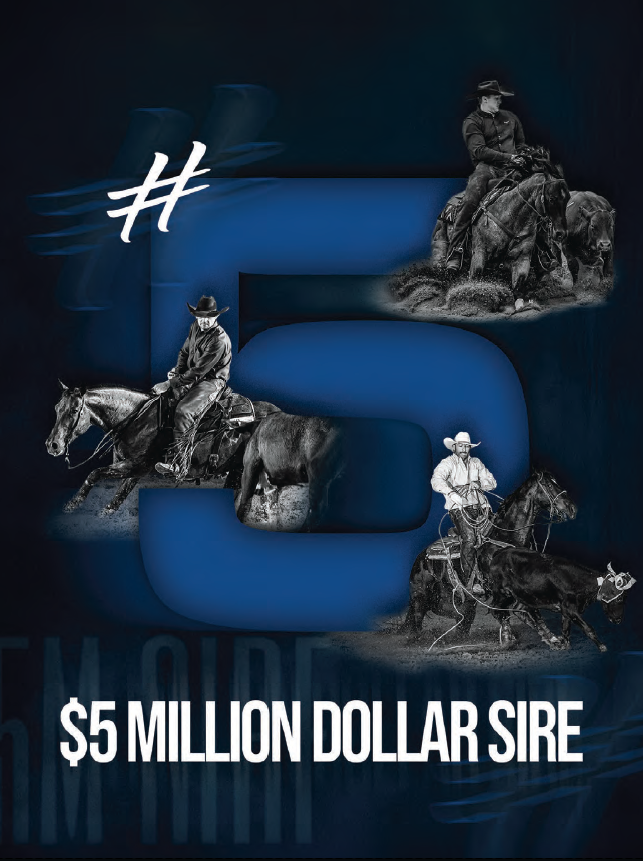 Promotional graphic with a large blue "#5" and black-and-white photos of cowboys working cattle on horseback above the text "$5 Million Dollar Sire"