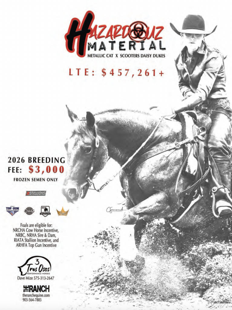 Cowboy on horseback in action shot, promoting Hazard Quiz Material stallion with $457,261+ LTE and $3,000 2026 breeding fee for frozen semen