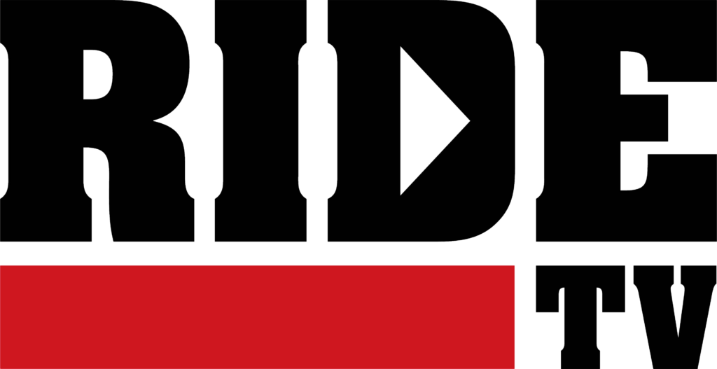 Ride TV logo with bold black lettering, a white play triangle in the "D" and a red bar beneath