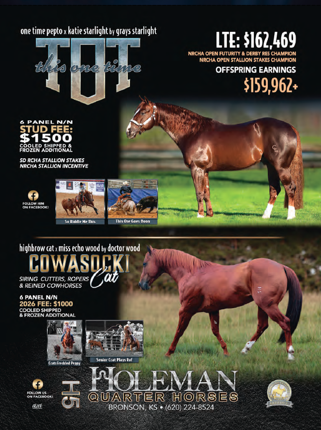 Holeman Quarter Horses breeding advertisement featuring two stallions with pedigree information and offspring earnings details in Bronson, Kansas