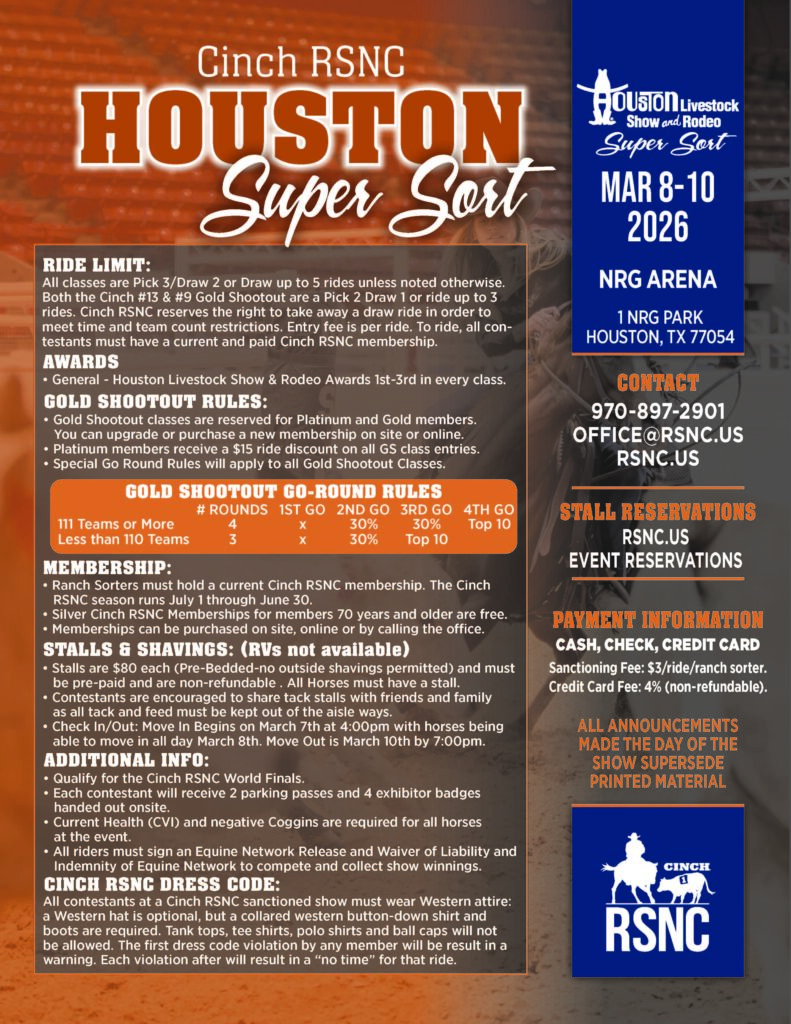 Cinch RSNC Houston Super Sort event flyer listing rules, awards and membership info for March 8-10, 2026 at NRG Arena