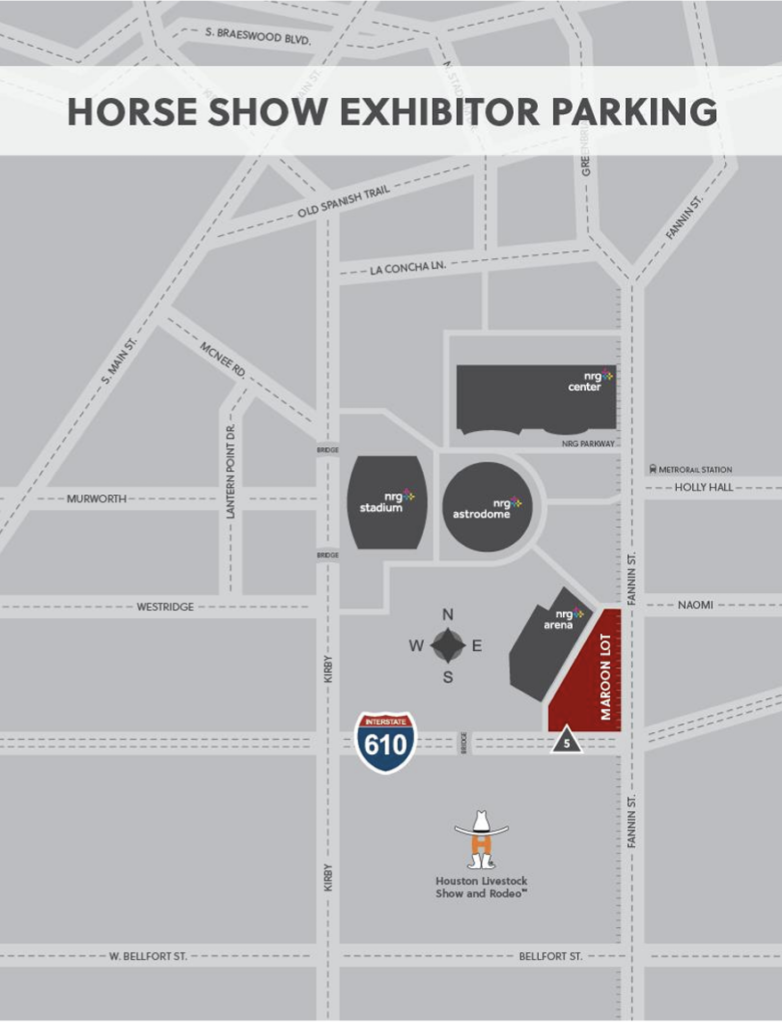 Horse Show Exhibitor Parking map of the NRG Park complex, with the red Maroon Lot highlighted near Fannin Street and I-610
