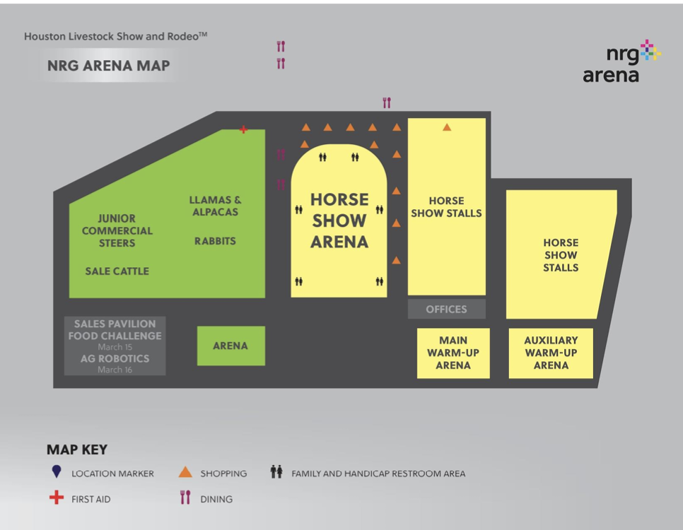 NRG Arena map for the Houston Livestock Show and Rodeo showing horse show arena, stalls, warm-up pens and livestock areas
