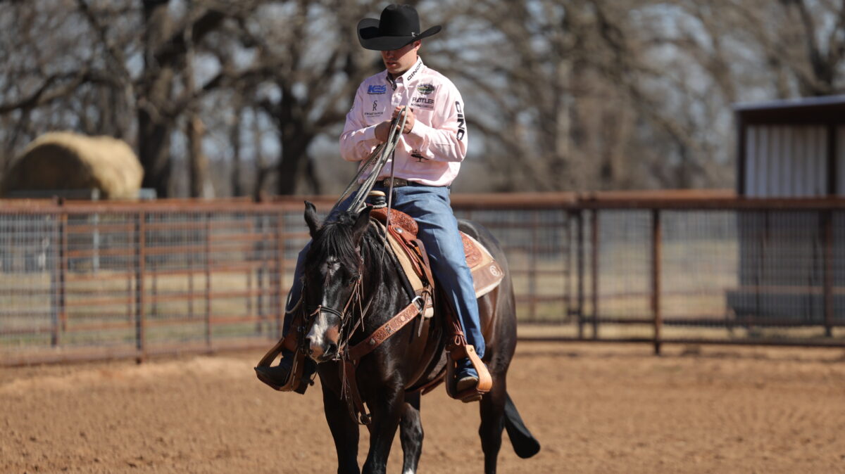 Cowboy in a black hat and pink sponsor shirt rides a dark horse in a sandy outdoor arena