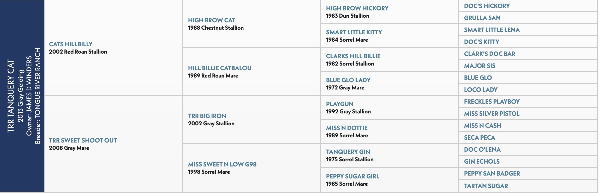 Four-generation pedigree chart for TRR Tanquery Cat, a 2013 gray gelding, listing sires and dams by name, year and color