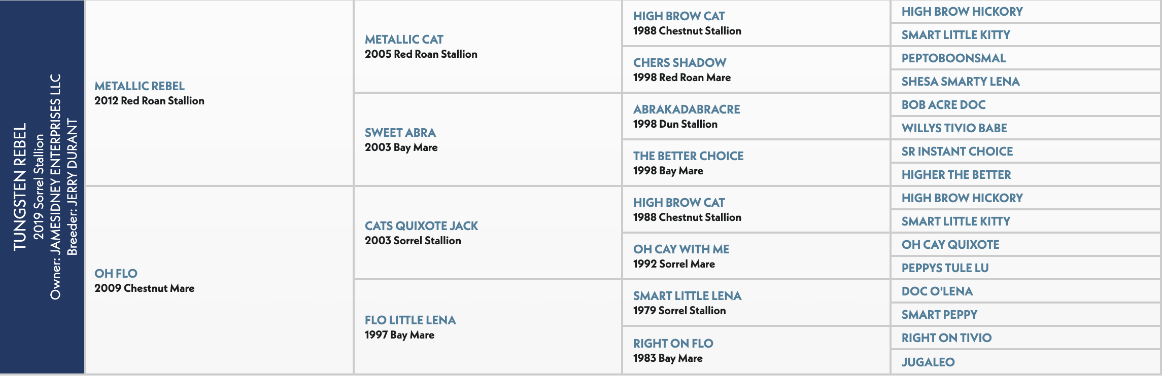 Four-generation pedigree chart for Tungsten Rebel, a 2019 sorrel stallion by Metallic Rebel out of Oh Flo