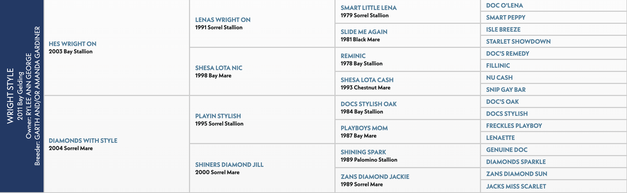 Four-generation pedigree chart for Wright Style, a 2011 bay gelding by Hes Wright On out of Diamonds With Style