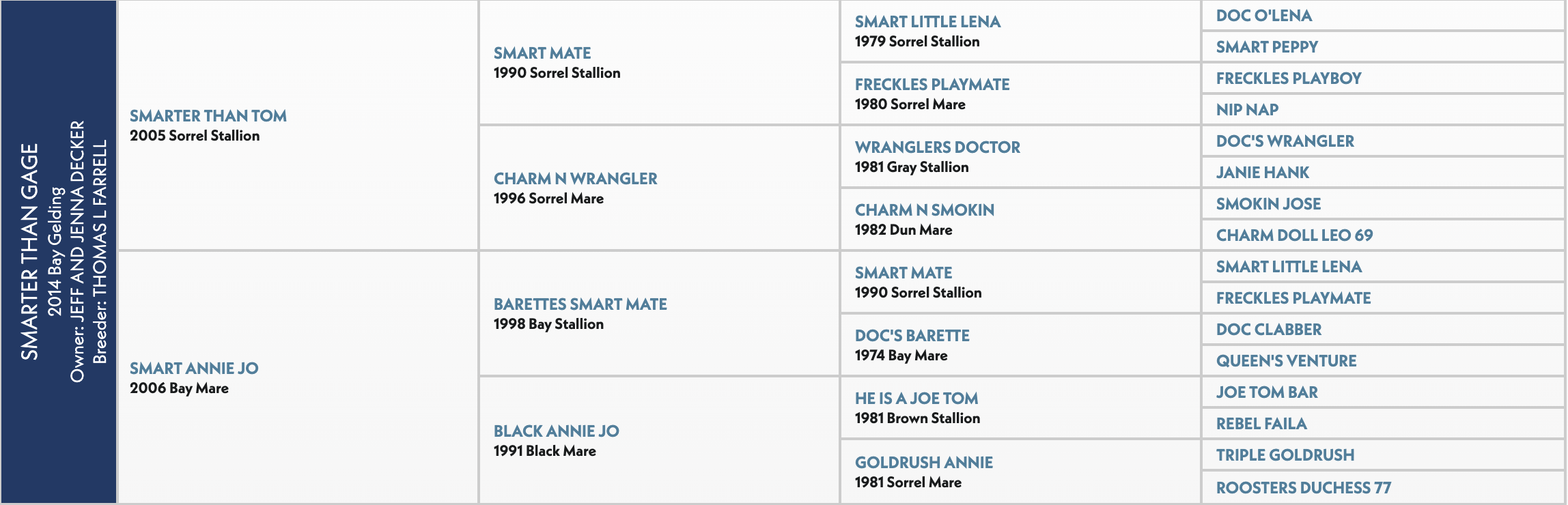 Five-generation pedigree chart for Smarter Than Gage, a 2014 bay gelding by Smarter Than Tom out of Smart Annie Jo