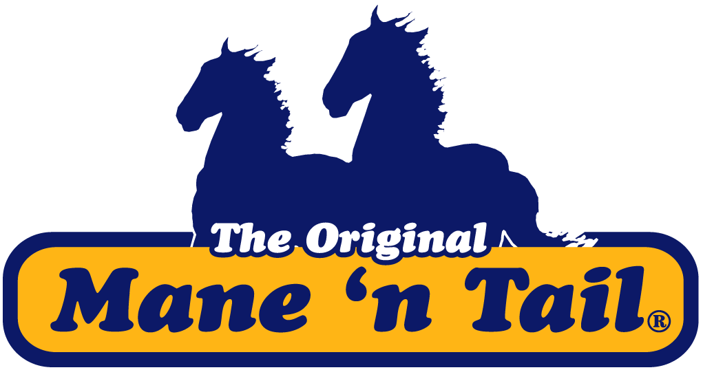 The Original Mane 'n Tail logo with two navy horse silhouettes above a gold banner wordmark