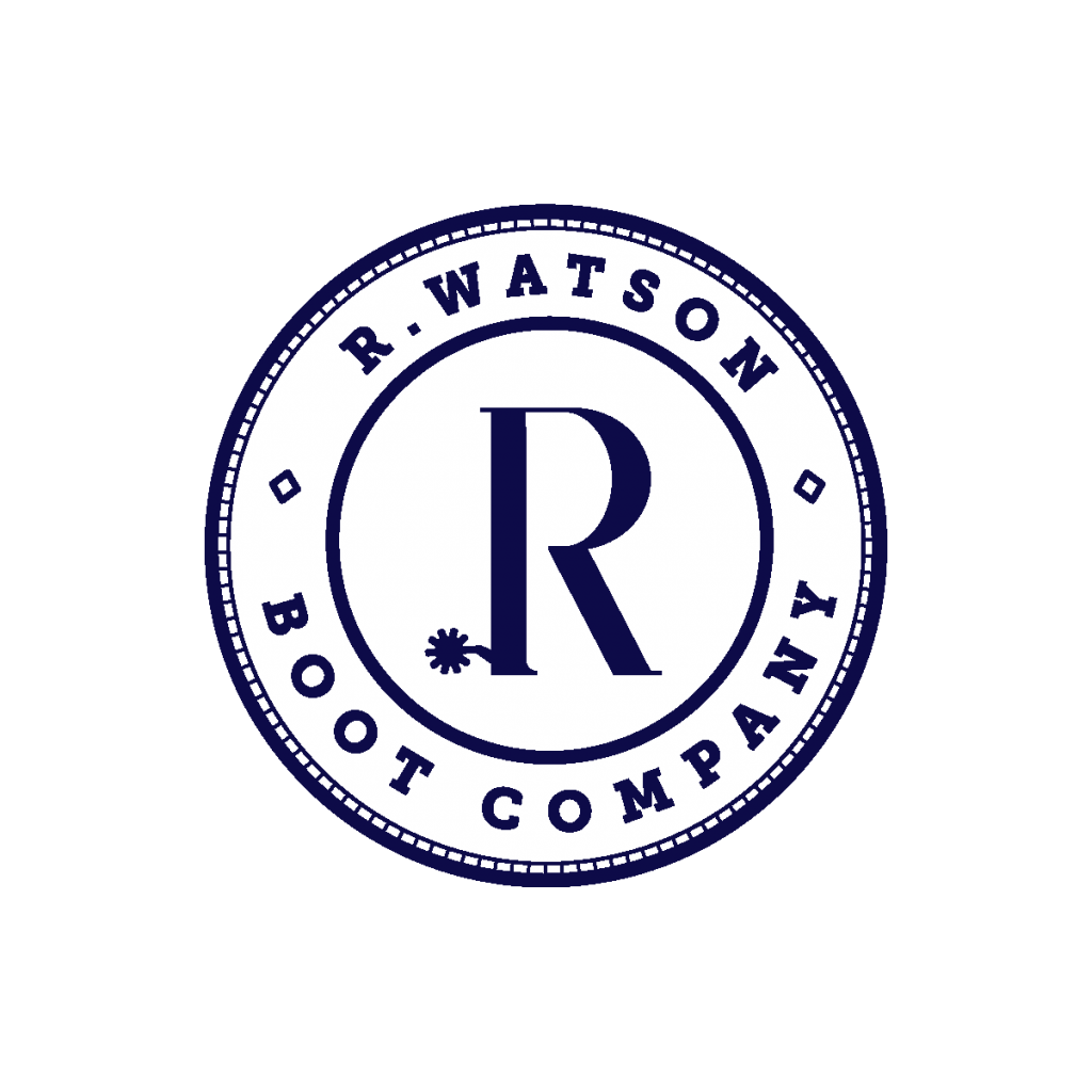 R. Watson Boot Company circular logo in navy with a large monogram R and spur rowel accent